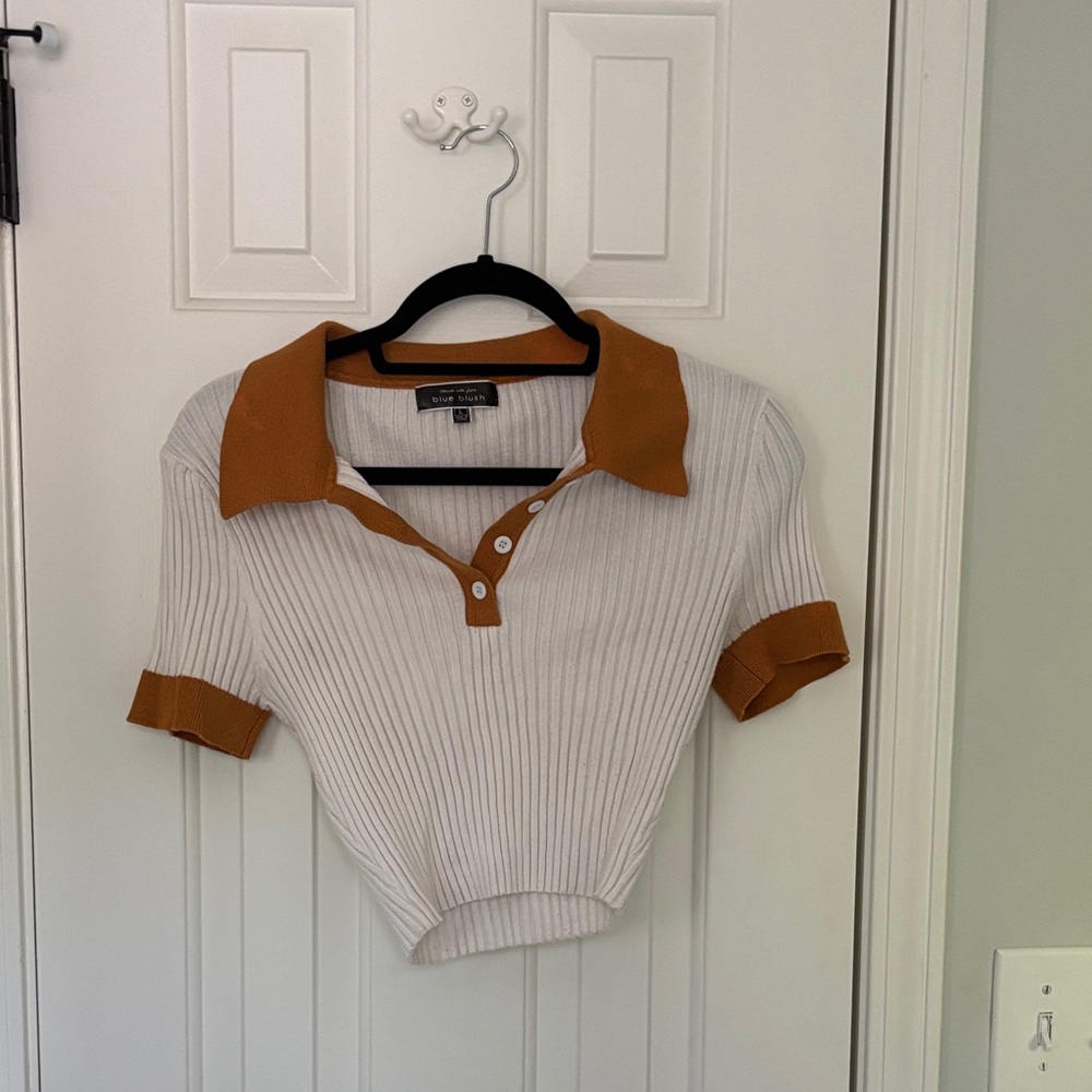Vintage White & Brown Ribbed Polo Crop Top -